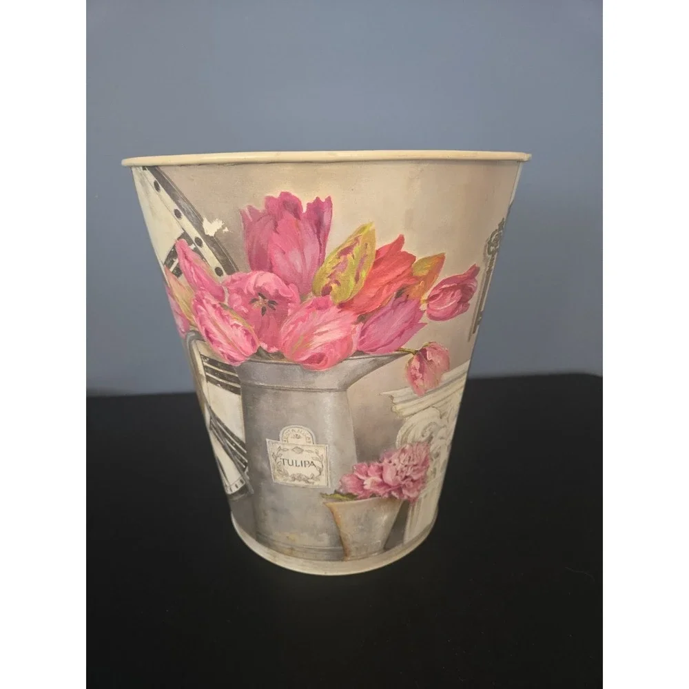 Vintage Pink Floral Wastebasket Trash Can Shabby‎ Cottage Chic
